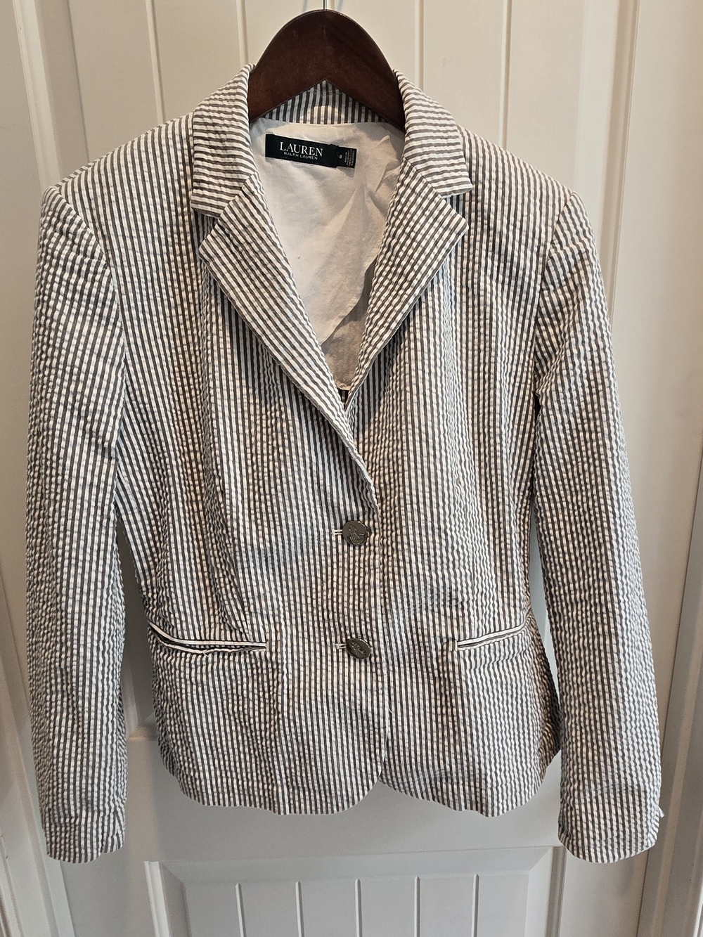 Ralph Lauren Women's Blue and White Striped Seersucker Blazer